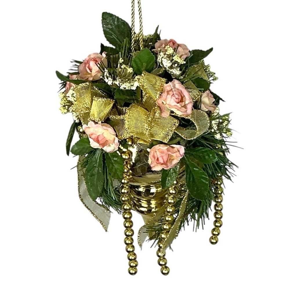 Floral Hanging Ornament Hand Crafted Pink Coral Rose Gold Accent Vintage 1990 8” - Picture 15 of 15